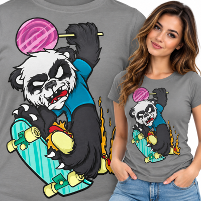 KOSZULKA ŚMIESZNA DAMSKA PANDA SKATE